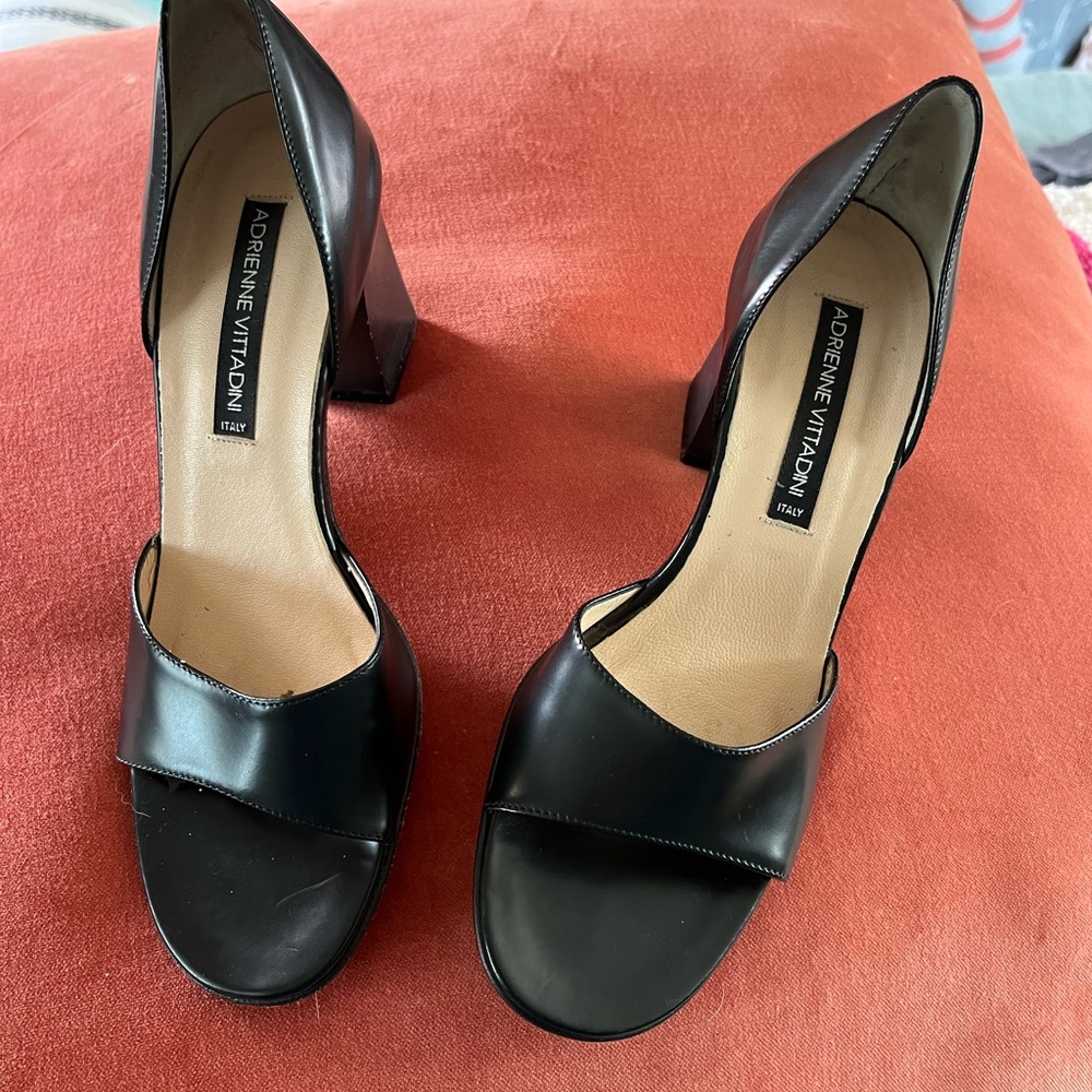 Adrienne Vittadini Black Open-Toe Leather Block Heels, Style: Forte